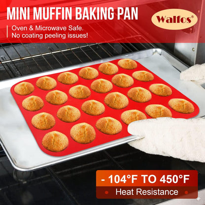 Walfos Mini Silicone Muffin Pan - 24 Cups, BPA Free and Dishwasher Safe, Non-stick Silicone Cupcake Baking Pan, Great for Making Muffin Cakes, Tart