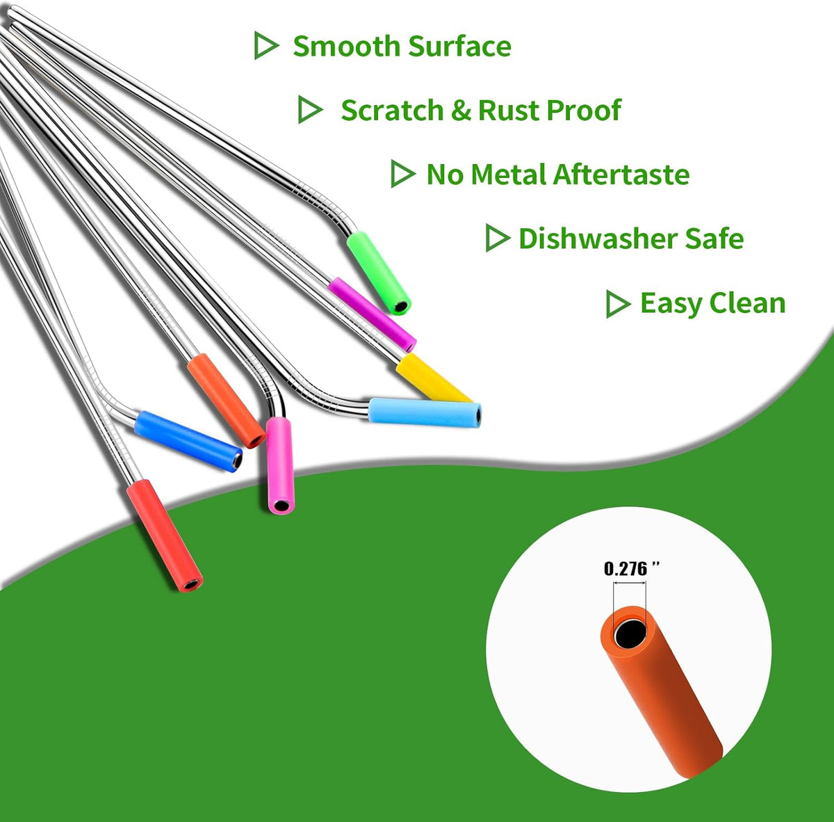 Lazycorner 16 Pcs Metal Straw Reusable 8.5" 10.5" 6mm Stainless Steel Straws for Kids,20oz-32oz, Silver Drinking Straws with Silicone Tips