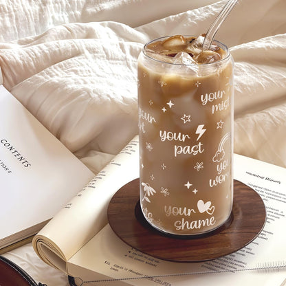 Christian Inspiration16oz Can Glass Tumbler with Bamboo Lid & Straw, Inspirarional Iced Coffee Cup for Women Girls