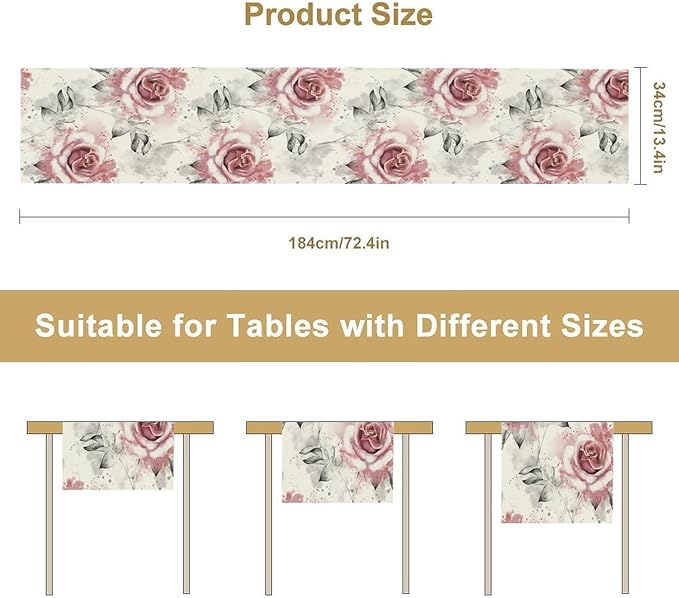 Pink Rose Floral Table Runner,Abstract Watercolor Flower Pattern Modern Romantic Kitchen Dining Table Decoration for Wedding Holiday Home Party 13x60in