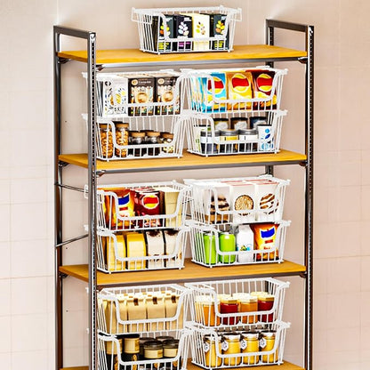 5 Pack Enhanced Leak-Proof Bottom Stackable Wire Baskets, Pantry Organizers and Storage, pantry storage，Shelf Baskets, Fruit Basket, Potato and Onion Storage Bins，(White)