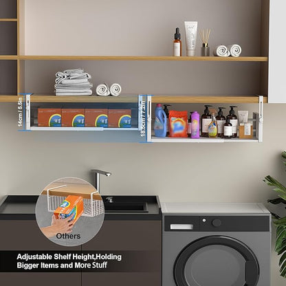 AmonHouseware 2Pack Under Shelf Basket, Adjustable Hanging Under Cabinet Shelf Storage, Hanging Holder Length Stretchable 14.9-22.6Inch for Kitchen Pantry Desk Counter Bookshelf Cupboard (White)