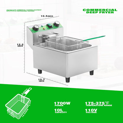 Electric Deep Fryer with Timer 10L/10.6QT Commercial Deep Fryer with Basket and Lid, Temp Control, 1700W/110V Stainless Steel Single Oil Fryer Countertop Fryer for Home and Restaurant Use