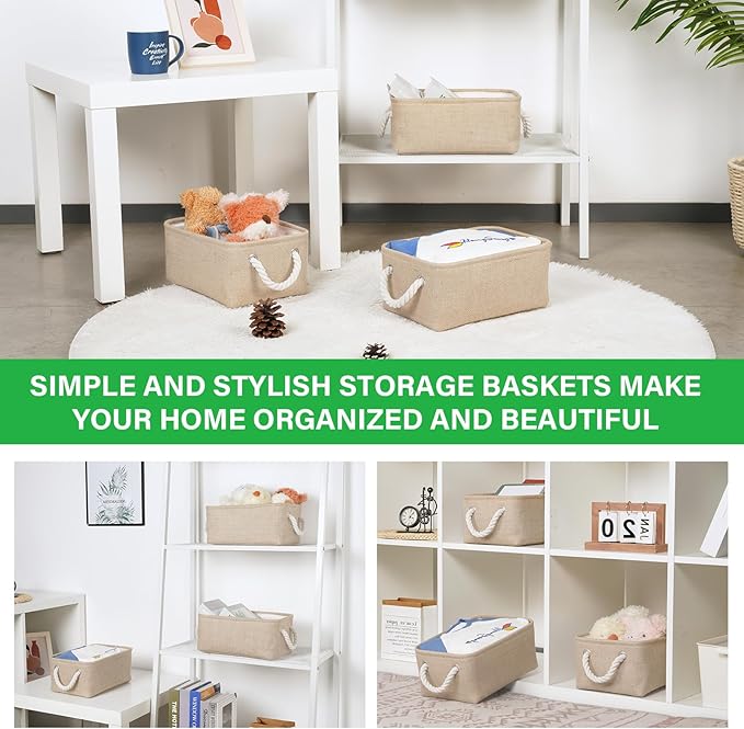 Bidtakay Small Storage Baskets for Shelves 3 Pack Fabric Storage Bins for Organizing Linen Collapsible Organizer for Closet-Flaxen