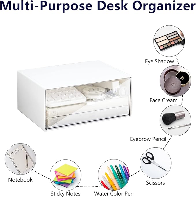 Desk Drawer Organizer, Stackable Storage Drawers, Plastic White Desk Organizers Great for Makeup Storage Bathroom Organization Accessories Etc - Large 1 Drawers (White)