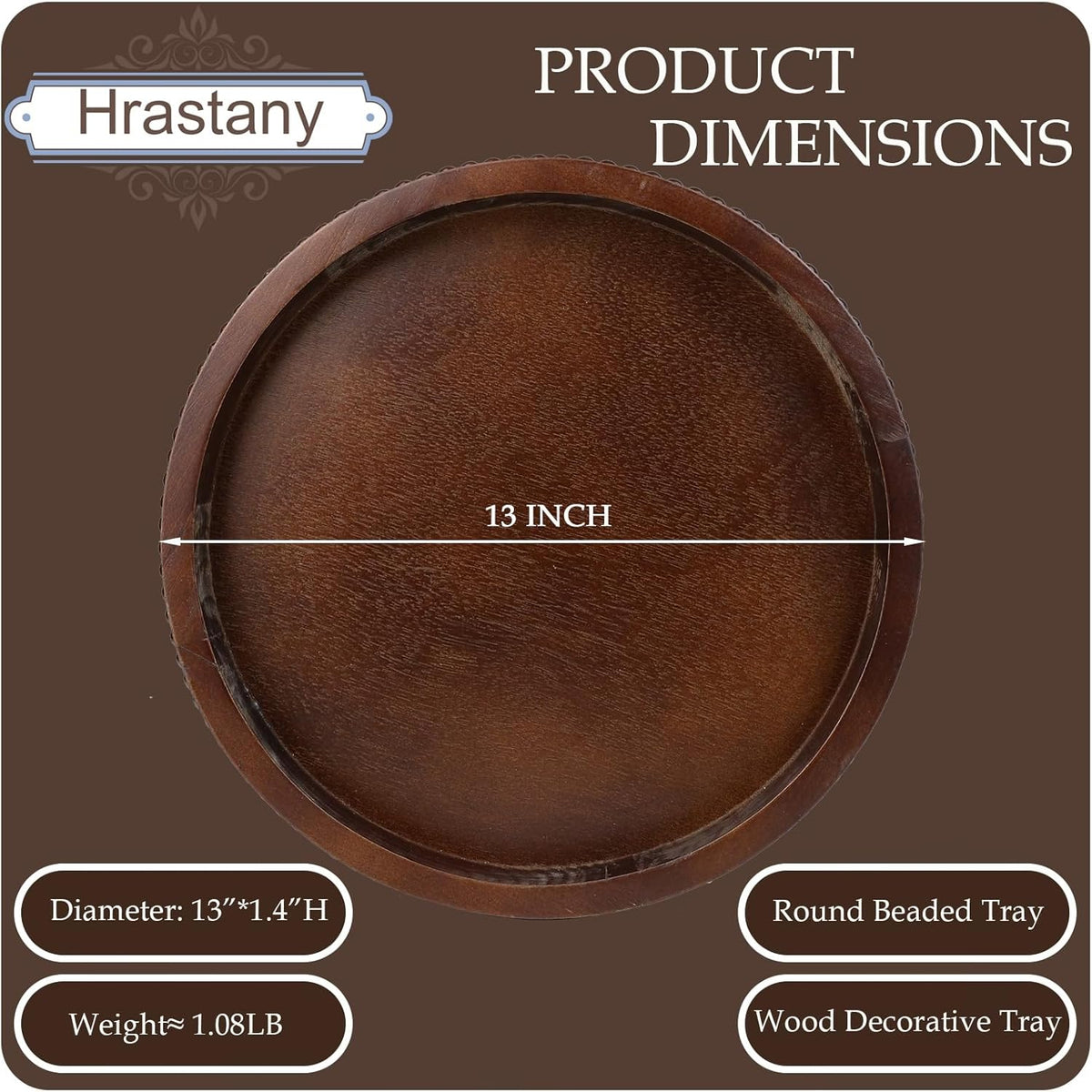 Wood Decorative Serving Tray with Bead, Round Vintage Wooden Ottoman Tray for Home Centerpiece, Counter Organizer, 13” Circle Tray for Kitchen