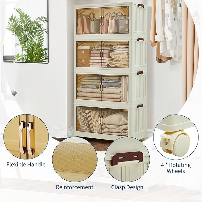 GarveeHome 324QT Stackable Storage Bins, Folding Storage Box with Magnetic Doors & Wheels, Loset Organizers and Storage with Lids, Collapsible Plastic Drawers for Bedroom Kitchen Office, White