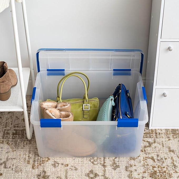 IRIS USA WeatherPro 60 Qt Storage Bins with Lids, 3 Pack, BPA-Free Plastic Gasket Box with Tight Latch and Seal, Stackable Nestable Tote Tub - Clear/Blue