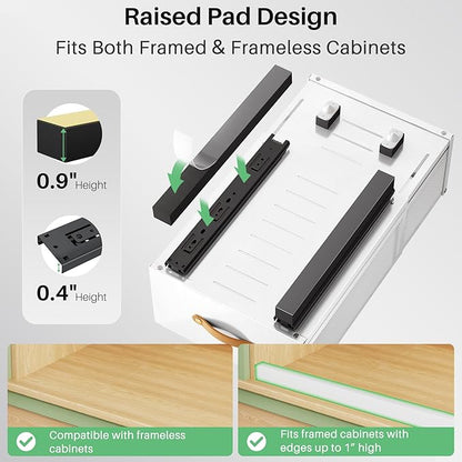 Pull out Cabinet Organizer, Expandable Depth(15.7"-21.7") with Raising Pad for Framed Cabinets, Heavy Duty Slide out Drawers, Adhesive Roll Out Shelves for Kitchen, Pantry Storage(White, 1-Pack)
