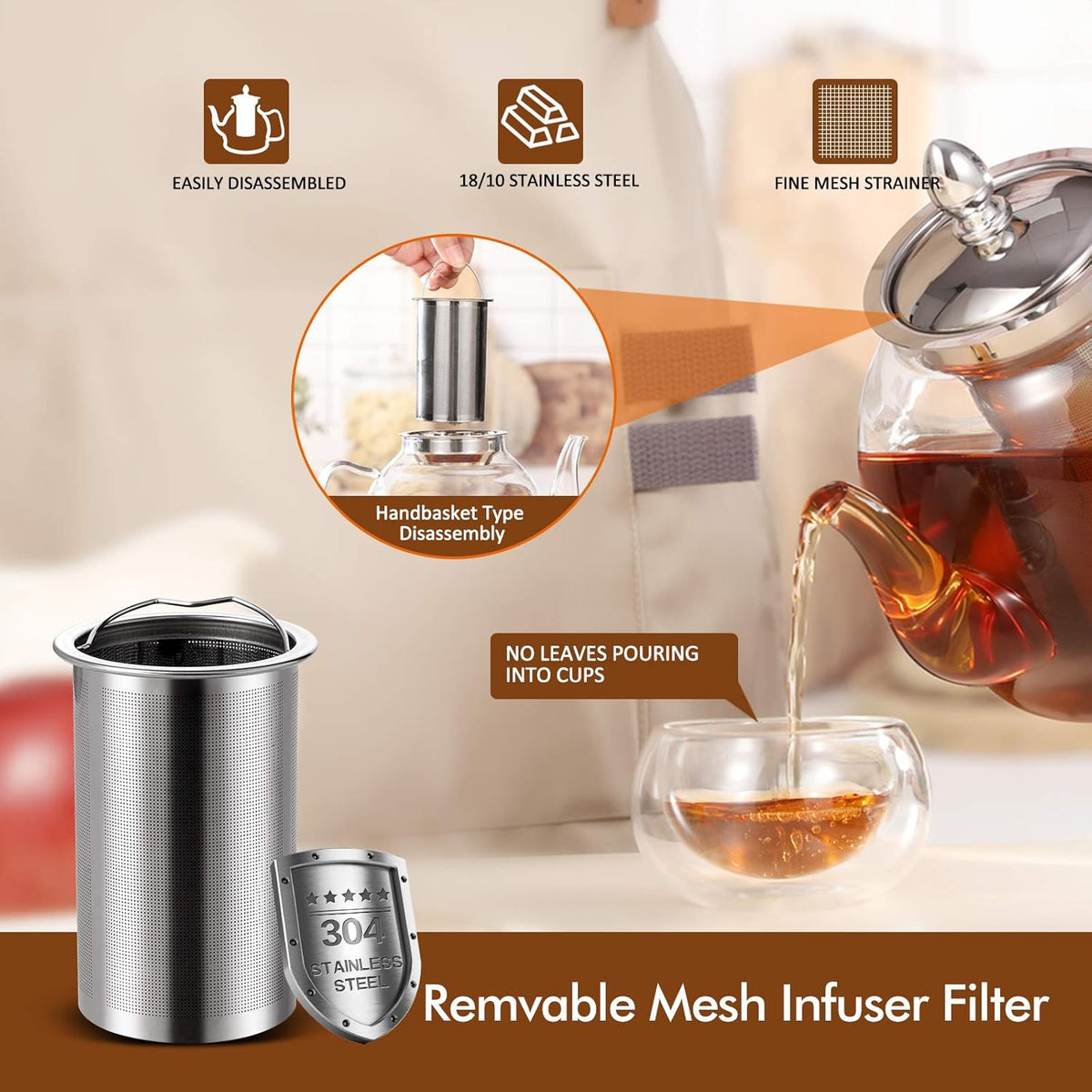 Hiware 1000ml Glass Teapot with Removable Infuser, Stovetop Safe Tea Kettle, Blooming and Loose Leaf Tea Maker Set