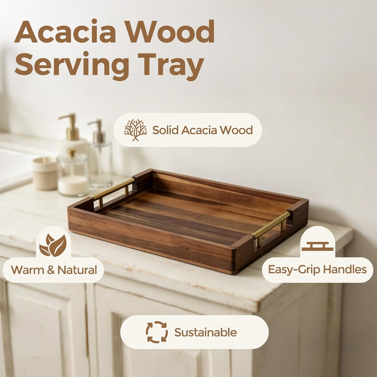 Acacia Wood Serving Tray with Golden Handles, 17" Wooden Tray for Ottoman | Large Wooden Tray for Ottoman, Coffee Table, Breakfast in Bed, Bar, Rectangular Decorative Tray for Modern Farmhouse Decor