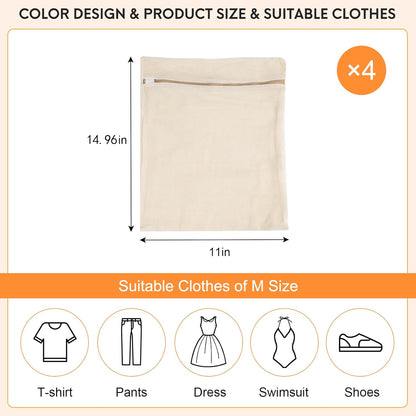 4-Piece Medium Durable Organic Cotton Mesh Laundry Bags with Sturdy Zippers and Breathable Mesh are Delicate Laundry Bags for Underwear, Clothes, Pants and Socks