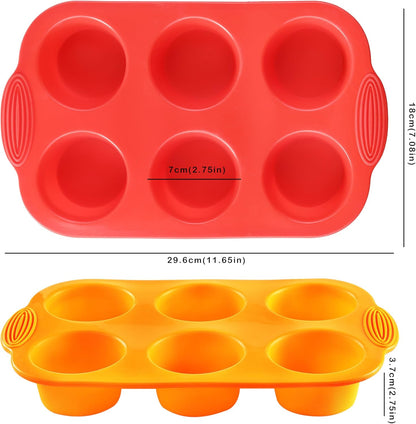 2PCS Silicone Muffin Cupcake Pan Molds, 6-Cavity Non Stick Silicone Muffin Pans for Baking Muffin, Cupcakes, Brownies and More, Food Grade and BPA Free (Orange and Red)