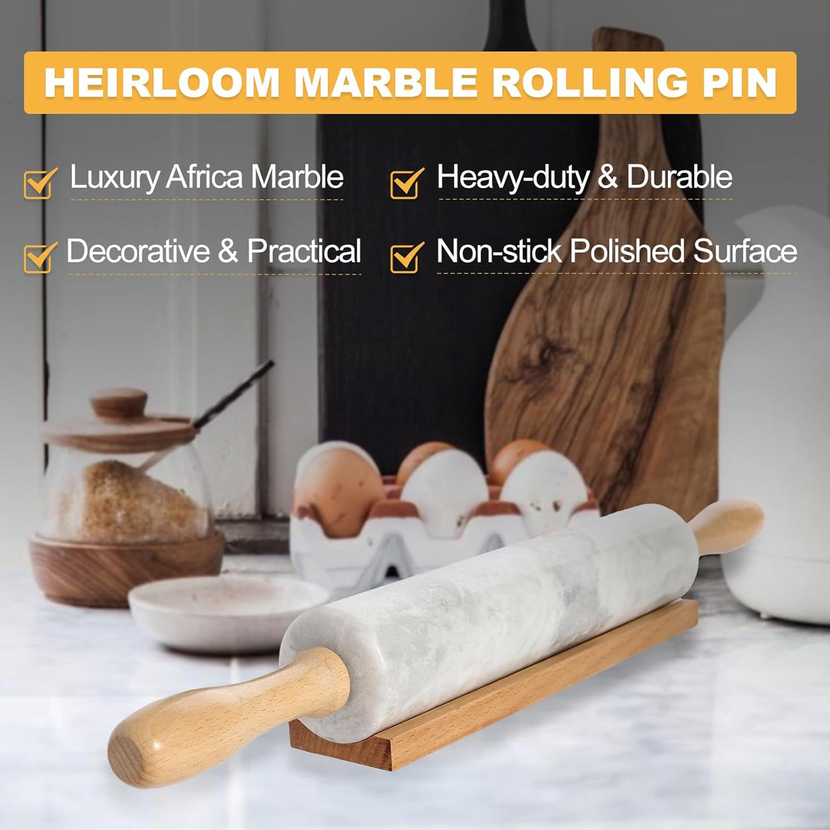 Koville African Natural Marble Rolling Pin, Non-Stick Polished Dough Roller, Pasta, Dumpling, Fondant, Pie Crust, Bread, Pizza Dough