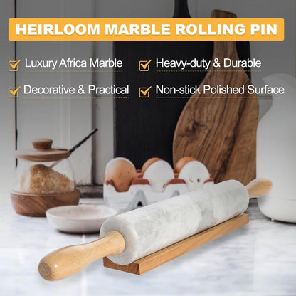 Koville African Natural Marble Rolling Pin, Non-Stick Polished Dough Roller, Pasta, Dumpling, Fondant, Pie Crust, Bread, Pizza Dough