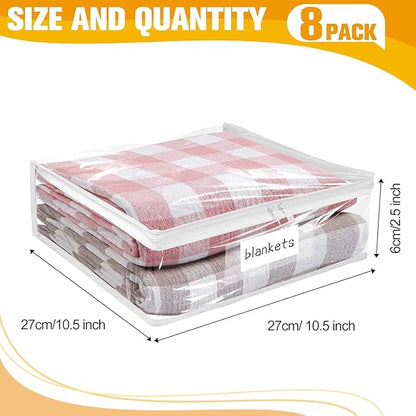 Kikerike Plastic Storage Bags with Easy-Glide Zipper, Pack of 8, Durable Clear Vinyl Zippered Storage Bags for Clothes Sweaters Comforters Blankets Sheets Bedding (10.5 x 10.5 x 2.5 Inch, White)