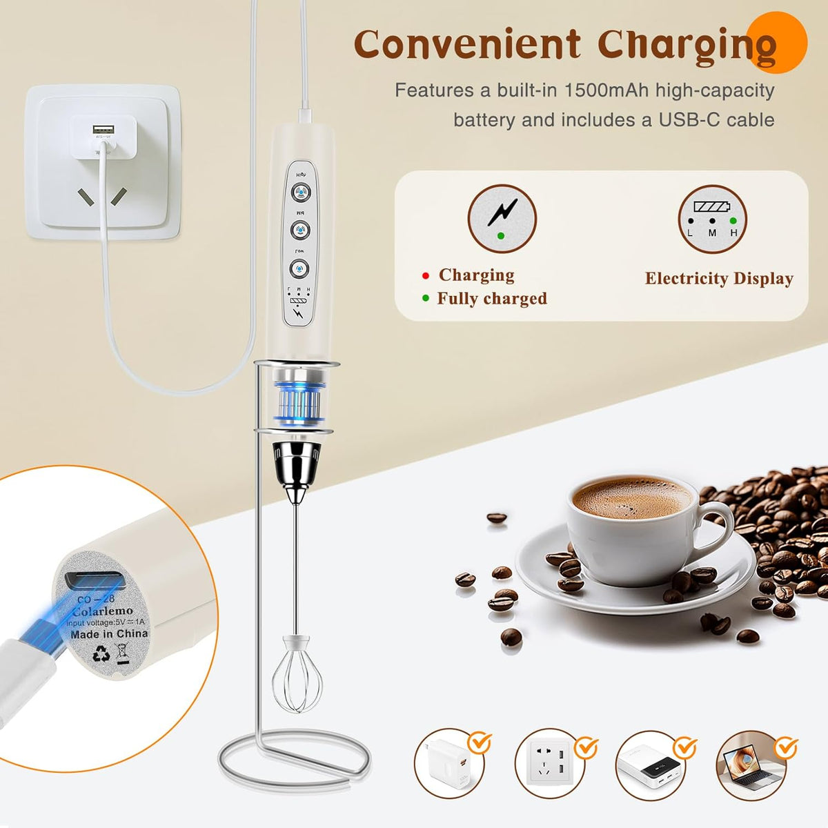 Milk Frother Handheld Rechargeable with Stand, Frother Wand Drink Mixer Electric Whisk for Coffee, Detachable With 3 Stainless Whisks