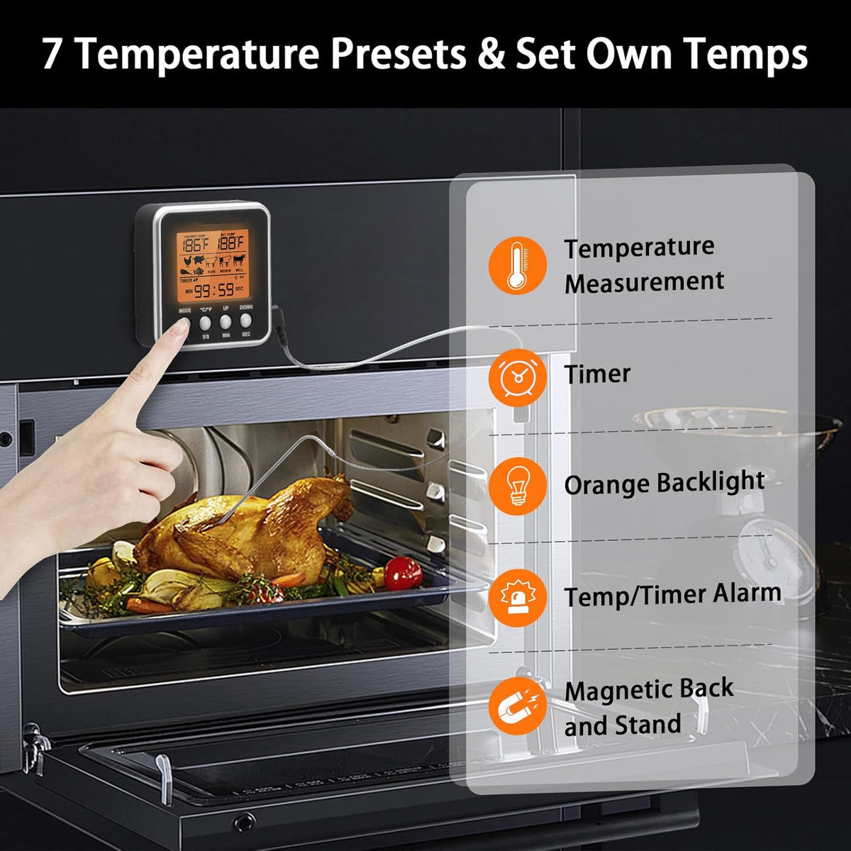 Digital Meat Thermometer for Oven, Food Thermometer with Large LCD, Backlight, Kitchen Timer, Temperature/Time Alarm for Smoker, BBQ, Barbecue