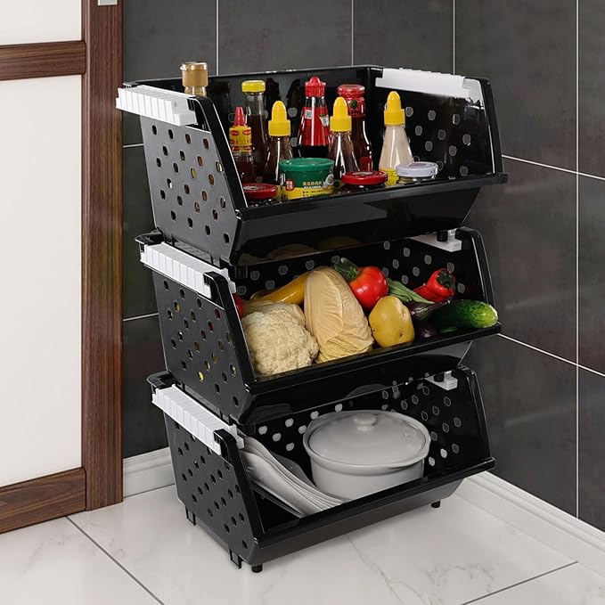 Vababa 3-Pack Plastic Stacking Storage Basket, Stackable Bin Organizer, Black