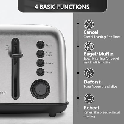 BUYDEEM DT640 Retro 4 Slice Toaster, 7 Shade Settings, Extra Wide 1.5'' Slots, Stainless Steel Toaster with Bagel Muffin Defrost Reheat Function, Retro Silver