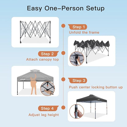 Amada 10x10 Pop Up Canopy - Center Lock One Push Instant Setup Wheeled Gazebo Outdoor Canopy Beach Tent with STO-N-Go Bag 8 Stakes & 4 Sand Bags, 3-Height Adjustable Shade Shelter (10x10ft, Grey)