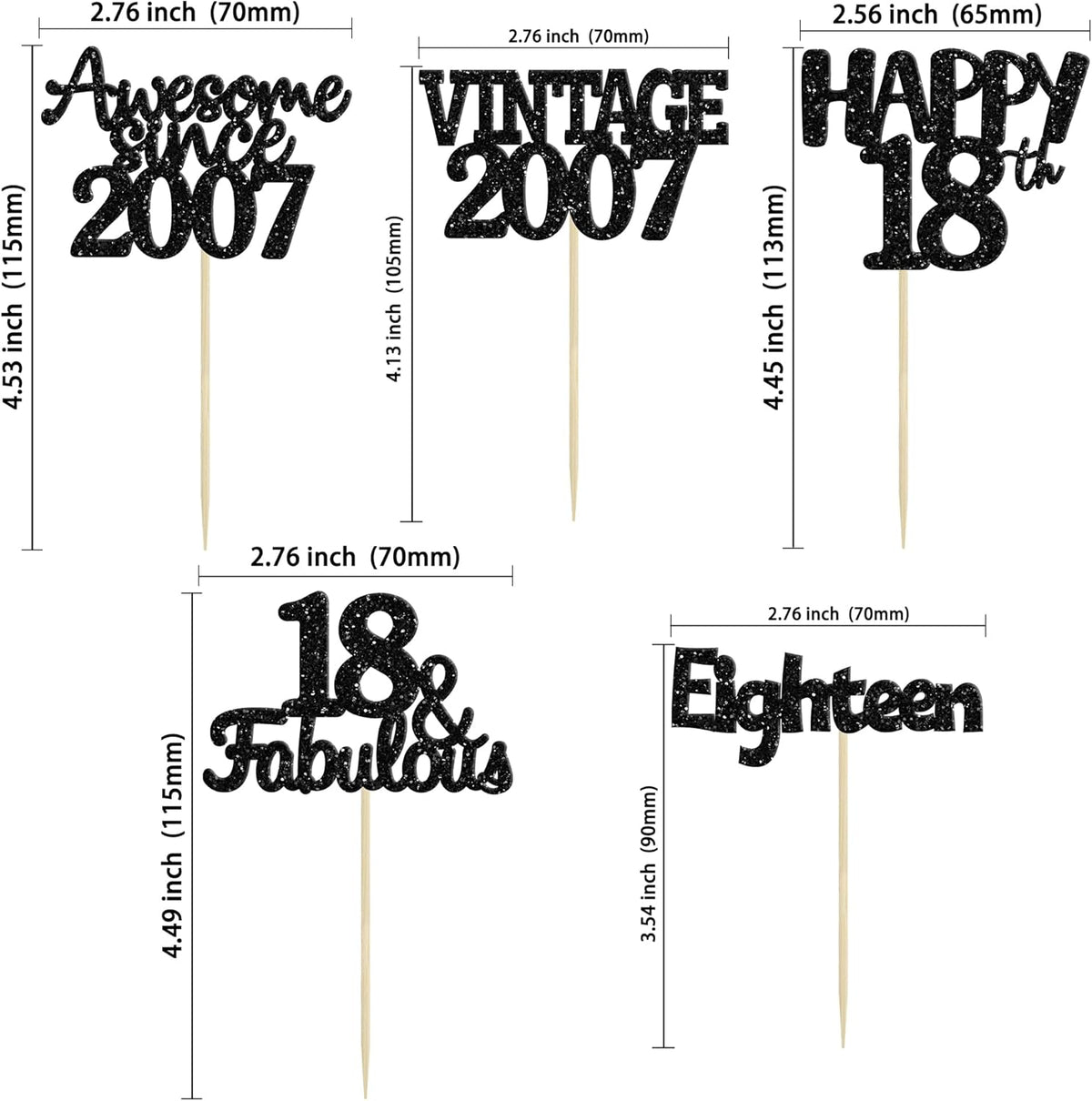 Gyufise 30Pcs Vintage 2007 Cupcake Toppers Glitter Eighteen Happy 18th Cupcake Picks Happy 18th Birthday Cake Decorations for Happy 18th Birthday Fabulous Anniversary Party Supplies Black