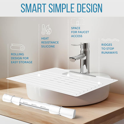 Maplefield Bathroom Sink Cover & Silicone Makeup Mat - White, 22 x 2 x 2 In - Heat Resistant to 400°F - Foldable Roll-Up Design with Raised Ridges - Space-Saving Countertop Mat