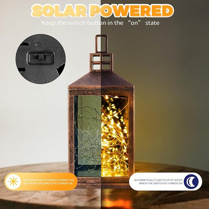 Solar Lantern Outdoor, Garden Hanging Lantern Solar Powered - Glass Waterproof Brushed Copper Solar Table Lantern Decorative Lights Flash and Steady-on Modes for Patio, Backyard, Garden