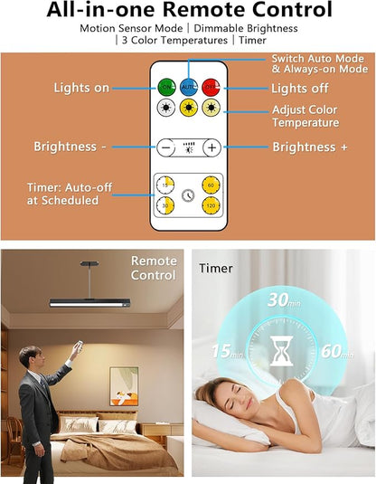 Rechargeable Motion Sensor Ceiling Light, Full Metal Pendant Lights, Battery Operated LED Closet Lights with Remote, Timer - 3 Color 500LM Dimmable, Cordless Magnetic Mount for Garage Kitchen,Black