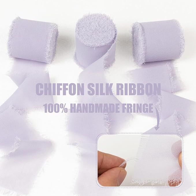 Misty Lilac Chiffon Ribbon - 1.5 Inch x 21 Yards, Boho Frayed Fringe Silk Ribbon for Gift Wrapping, Wedding Invitations, Bridal Flower Bouquets