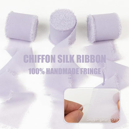 Misty Lilac Chiffon Ribbon - 1.5 Inch x 21 Yards, Boho Frayed Fringe Silk Ribbon for Gift Wrapping, Wedding Invitations, Bridal Flower Bouquets