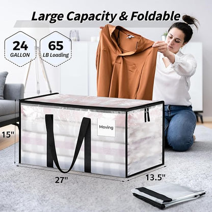 8 Pack Extra Large Heavy Duty Moving Bags, Clear Storage Bins with Lids, Reinforced Handles & Heavy-Duty Zippers Moving Boxes Storage Bags Totes for Clothes Packing, Dorms, College Supplies, Clear