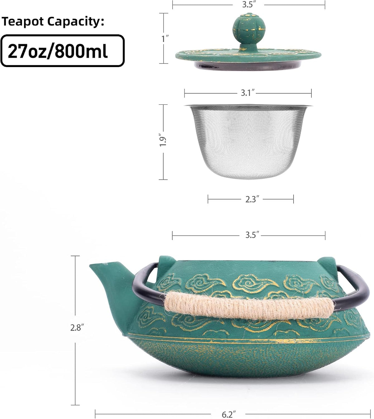 Cast Iron Teapot, Japanese Tea Pot with Infuser for Loose Leaf, Tea Kettle Stovetop Safe Coated with Enameled Interior, Clouds Pattern 27oz, 800ml Black