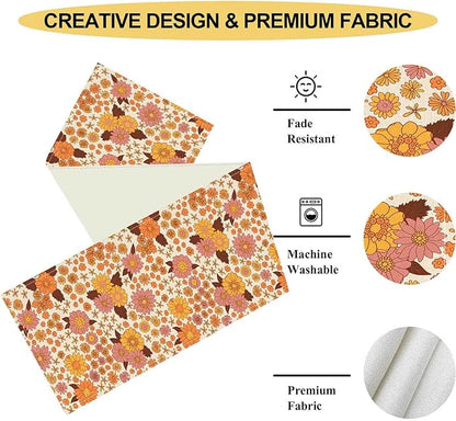 Groovy Floral Table Runner, Retro 70s Hippie Floral Funky Orange Floral Trippy Coffee Table Center Decor for Home Kitchen Dining Patio Holiday Party Indoor Outdoor Table Decorations, 13"x108" Inch