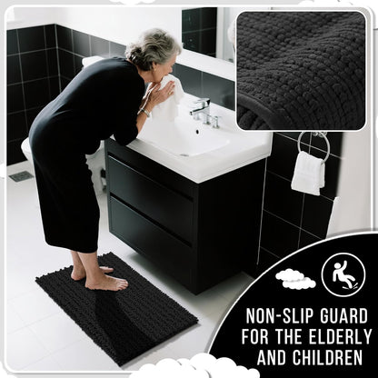 Yimobra Bathroom Runner Rug 70x24 Inch - Extra Long Non Slip Chenille Bath Mat, Soft & Absorbent, Machine Washable Shaggy Hallway Carpet for Vanity Tub Shower, Black Home Decor Accessories