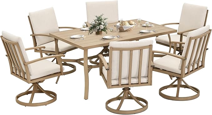 HAPPATIO 7 Piece Patio Swivel Dining Set, Aluminum Outdoor Dining Set for 6,Dining Table and Chairs Set, Patio Dining Furniture with Aluminum Table, Swivel Chairs and Washable Cushions (Beige)