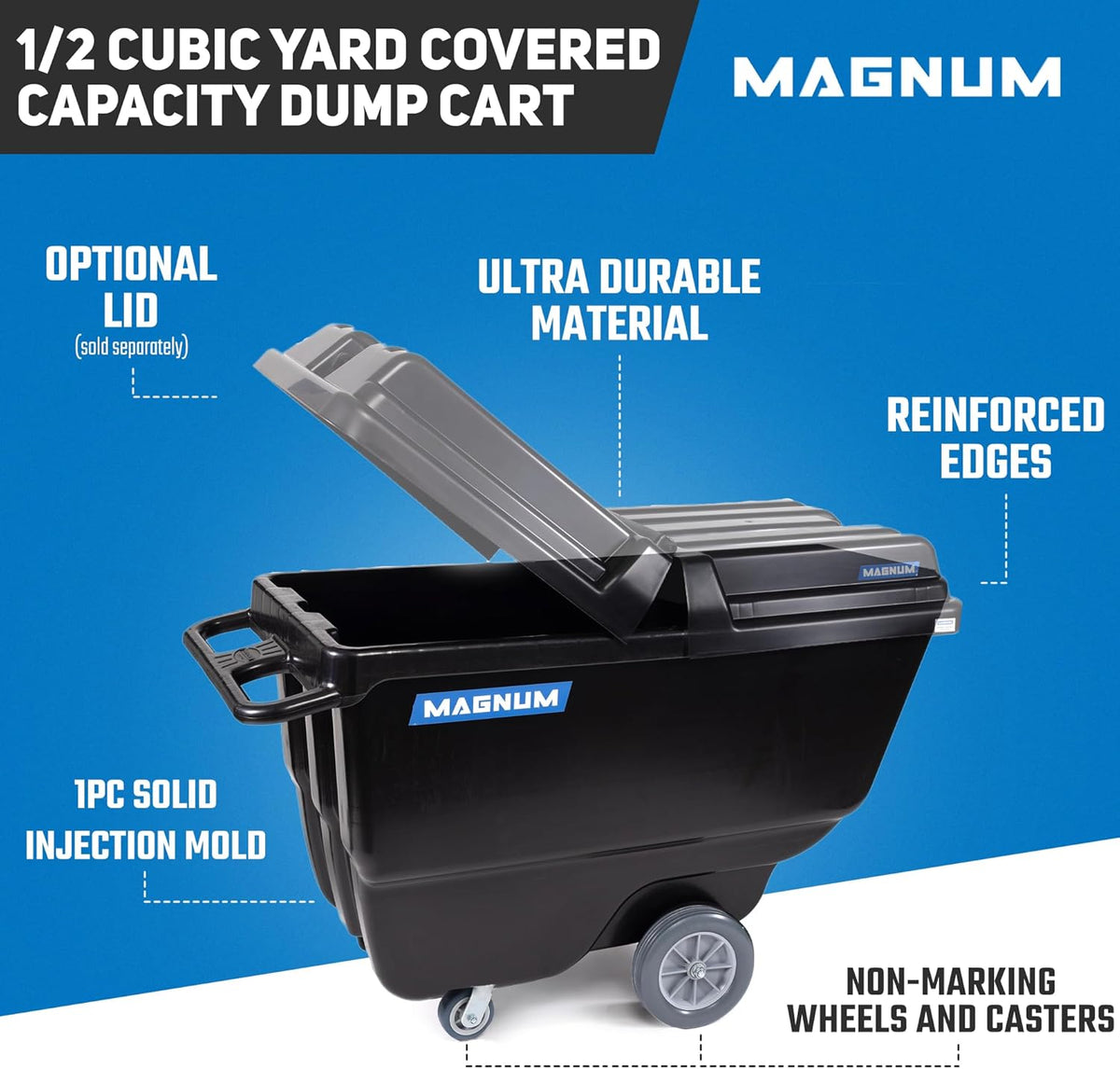 Magnum Tilt Truck, 1/2 Cu. Yd. Capacity Dump Cart with Non-Marking 12” Wheels & 5” Casters for Handling, Transporting on Construction Jobsites, 750 lbs, Trash Cart with Wheels DUC12T-NM-04PK (4-Pack)