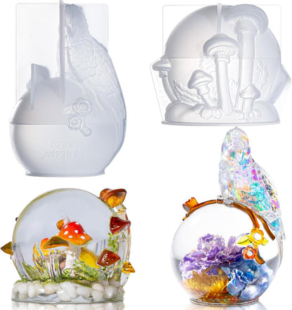 LET’S Resin Crystal Ball Resin Molds, Crystal Orb Decorative Statue Silicone Molds with Mushroom Stand and Bird Figurine