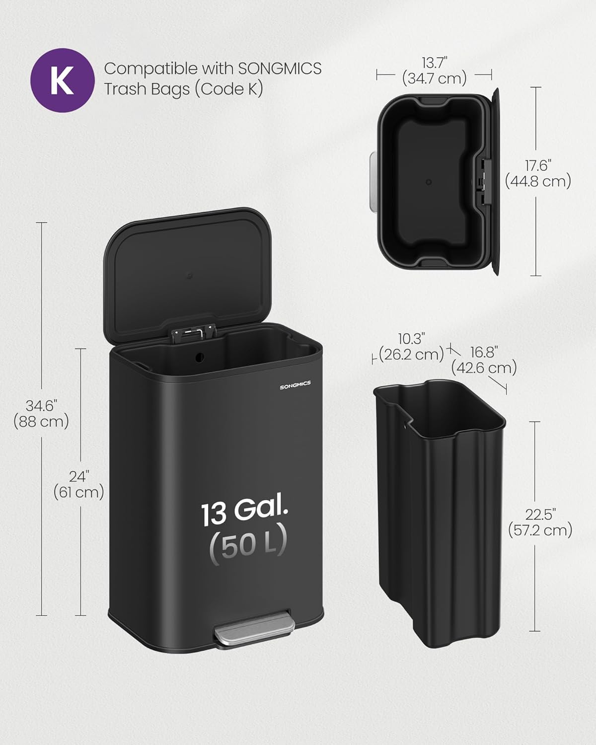 SONGMICS Kitchen Trash Can, 13-Gallon (50 L) Garbage Can with Lid, Stainless Steel, Soft Close and Stays Open, Inner Bucket, Wide Non-Slip Pedal, Ink Black ULTB547B01