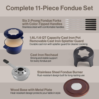 Swissmar Sierra Cast Iron Fondue Set, 1.6 Quart / 1.6 Liter – Perfect for Meat, Cheese, & Chocolate Fondues – Ideal for Family Bonding & Hosting Gifts - 12-Pieces, Deep Blue