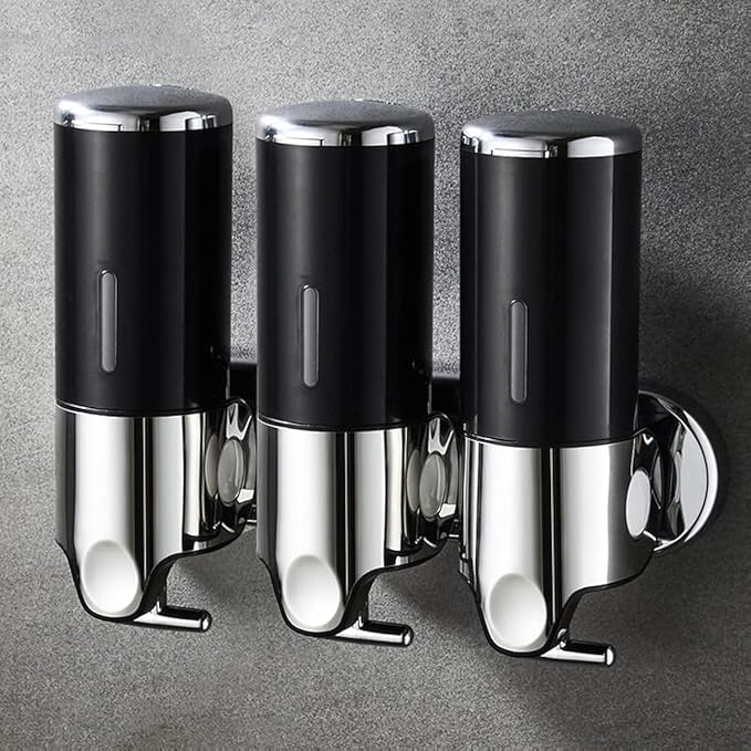 No-Drill 3 Pack 500ml Wall Mounted Soap Dispenser for Bathroom and Kitchen, Shampoo and Conditioner Dispenser Drill Free with Adhesive(Round-Black)