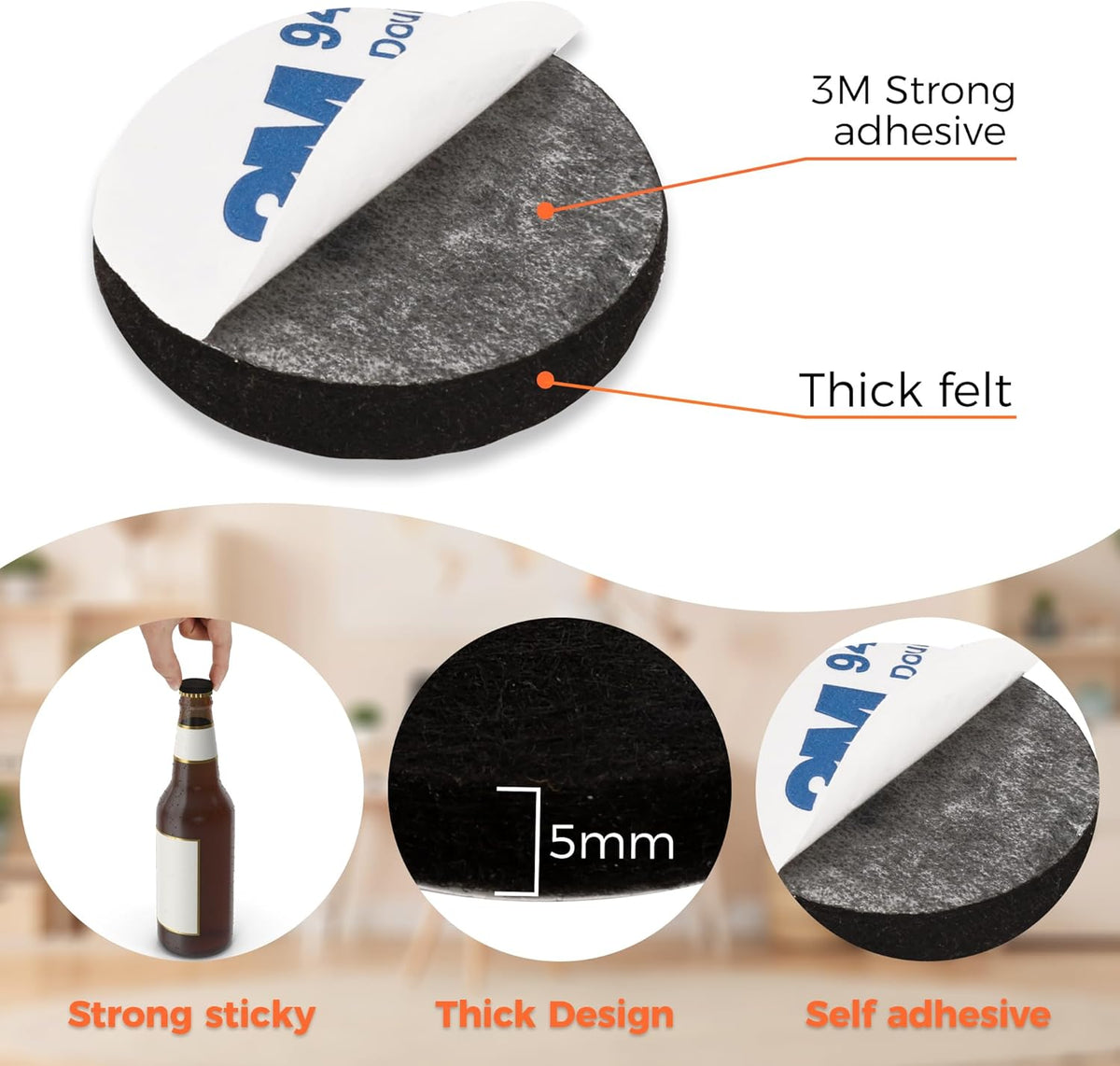 Felt Furniture Pads 120 PCS, Non Slip Self Adhesive Felt Pads Chair Leg Floor Protectors for Furniture Feet Wood Hardwood Floors, 1 inch Round, Black