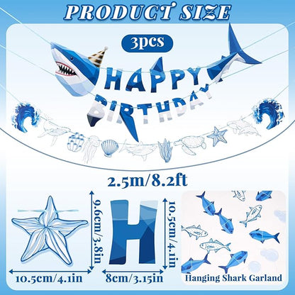 SUNBEAUTY Shark Birthday Party Decorations Shark Birthday Banner Ocean Theme Party Decoration Under The Sea Shark Garland Blue Ocean Swirls Hanging Wall Decor for Boys Baby Shower Beach Summer Party