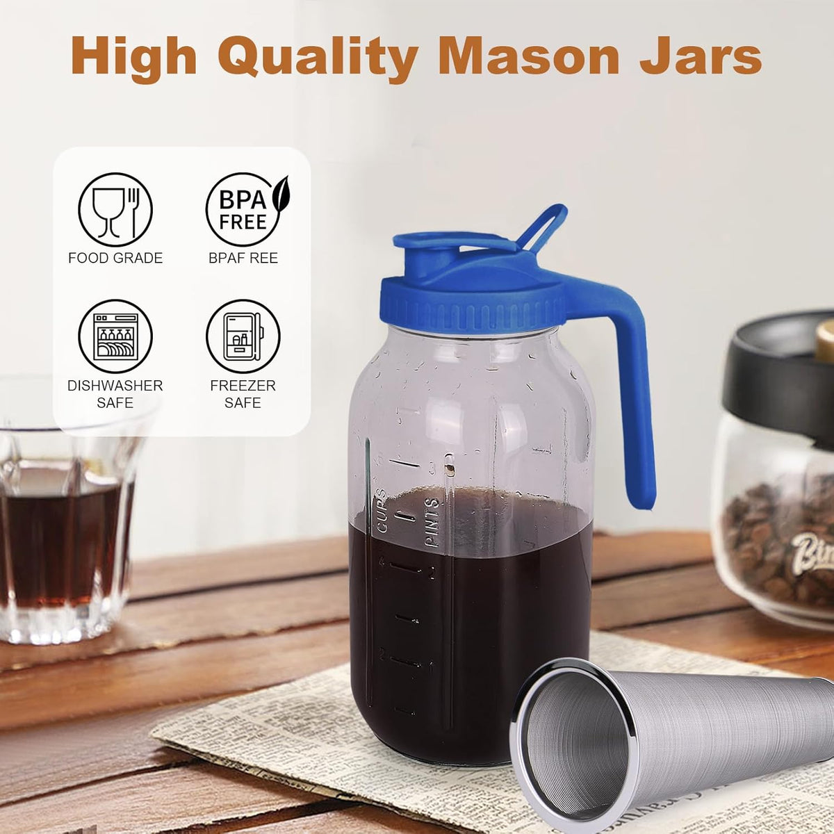Cold Brew Coffee Maker,64 oz Mason Jar Pitcher with Stainless Steel Filter, Pour Spout Handle Lid