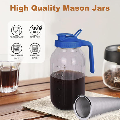 Cold Brew Coffee Maker,64 oz Mason Jar Pitcher with Stainless Steel Filter, Pour Spout Handle Lid