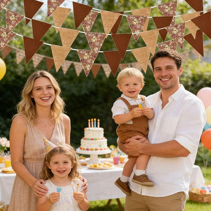 Zwiebeco 39Ft Brown Floral Fabric Pennant Banner Vintage Burlap Triangle Flag Retro Flower Bunting Party Decoration for Birthday Engagement Wedding Bridal Baby Shower Rustic Village Home Garden Decor