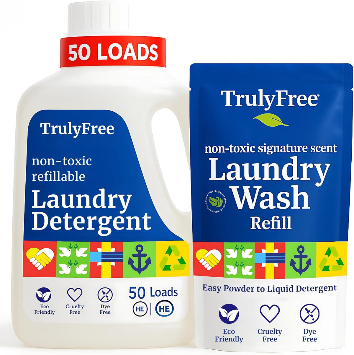 Truly Free Natural Laundry Detergent for Sensitive Skin | Eco Friendly, Plant Based, Baby Clothes Safe | Clean & Easy Powder to Liquid, 1 Pack Detergent + 1 Refillable Jug | Signature Scent, 50 Loads