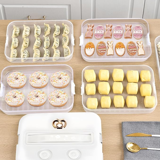 Food Storage Containers with Lids, Plastic Cookie Storage Containers Airtight, 4-Layer Stackable Food Containers Dumpling Storage Box, White