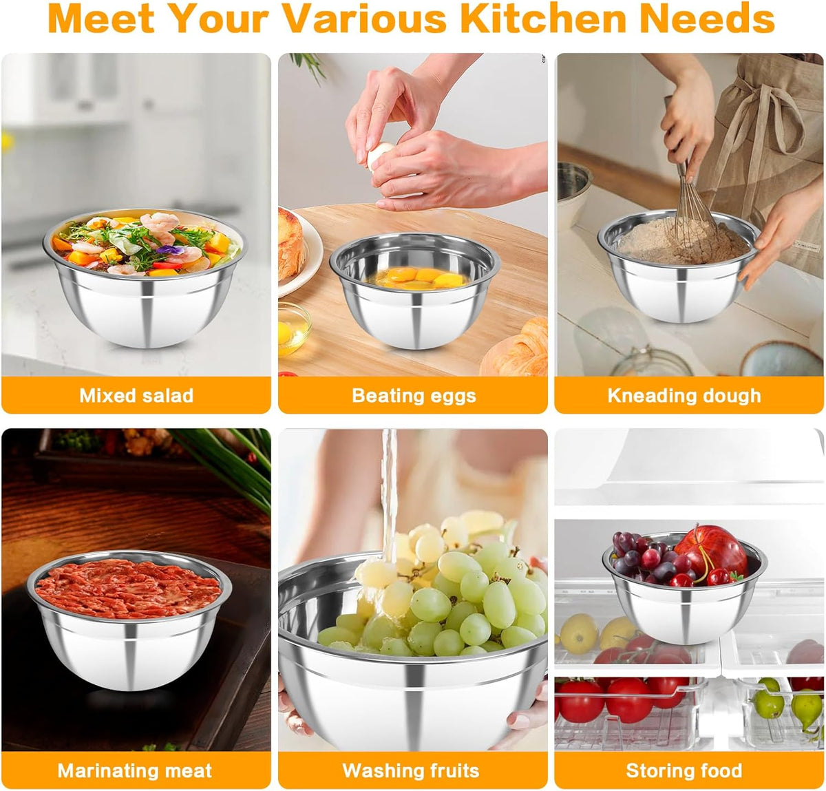 7 Piece Metal Mixing Bowls with Lids Set, Stainless Steel Nesting Design Salad Mixing Bowl Set for Kitchen Cooking, Baking