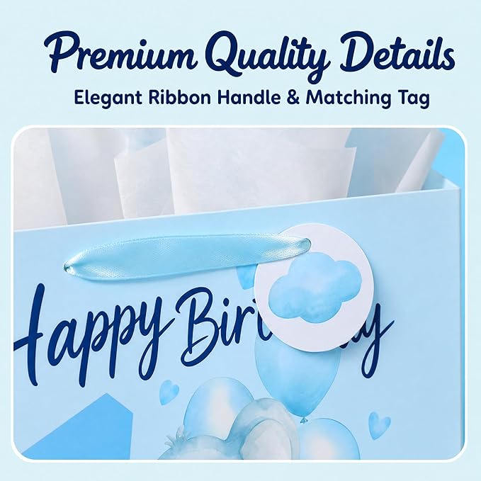 Powbrace 13" Blue Happy Birthday Gift Bag with Tissue Paper and Greeting Card for Party,Happy Birthday Gift Bag for Boys Babies,Gift Bags Medium size(1 PCS Blue Cartoon)